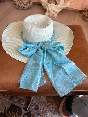 Simply Noelle Pale Blue Wide-Brim Straw Hat with Patterned Scarf